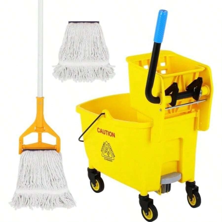 Commercial Mop Bucket with Drain and Wringer 35 Quart Yellow G54592