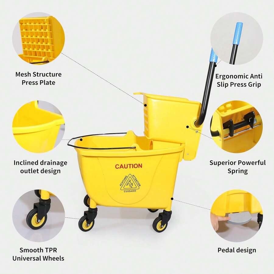 Commercial Mop Bucket with Drain and Wringer 35 Quart Yellow G54592