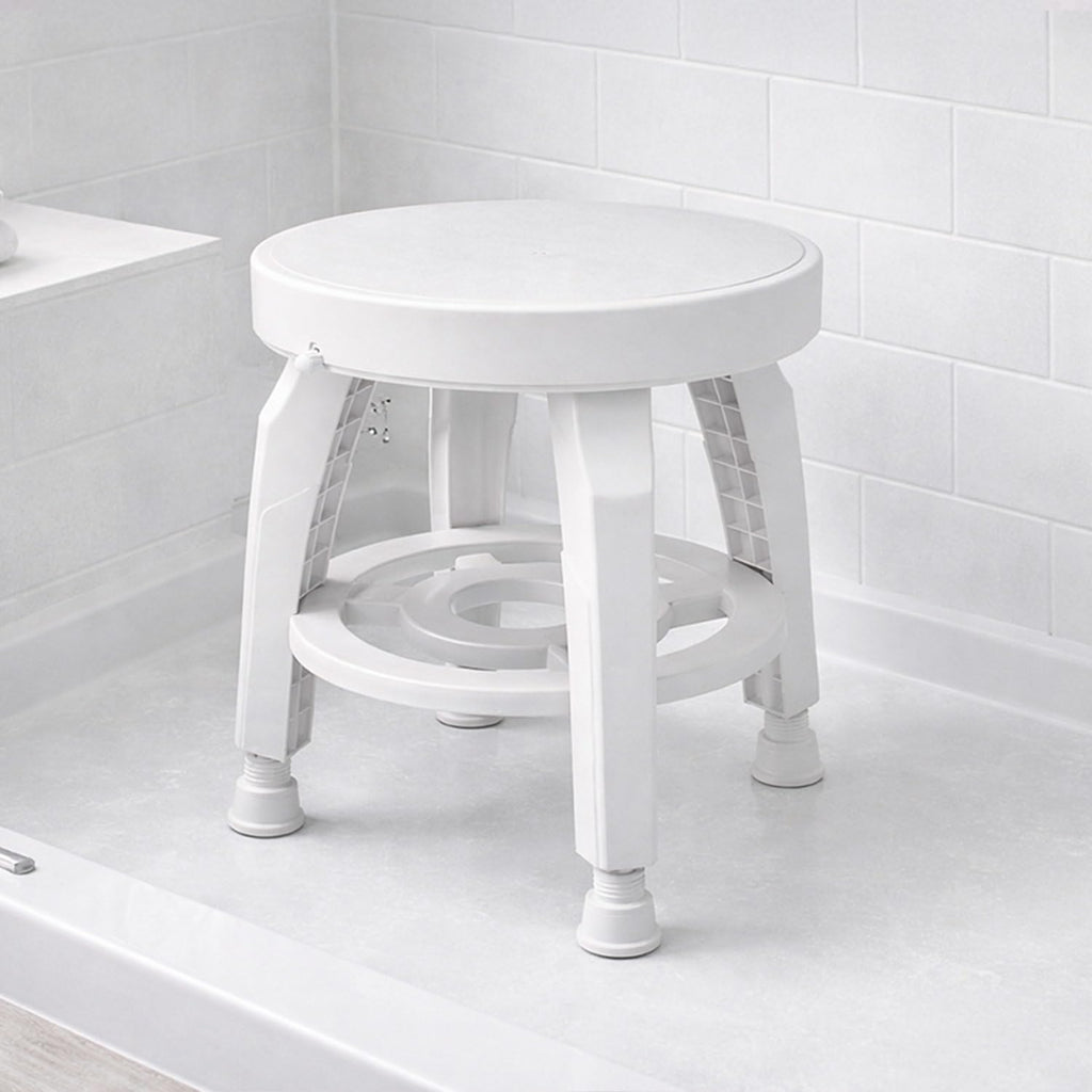 White Swivel Shower Stool Seat with Storage Shelf D582