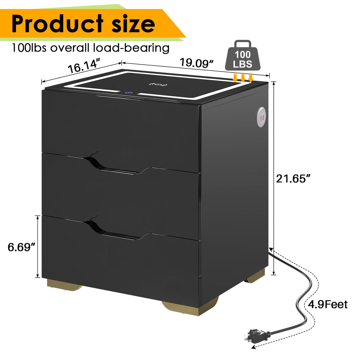 LED Nightstand with Wireless Charging Station 3 Drawers N6012