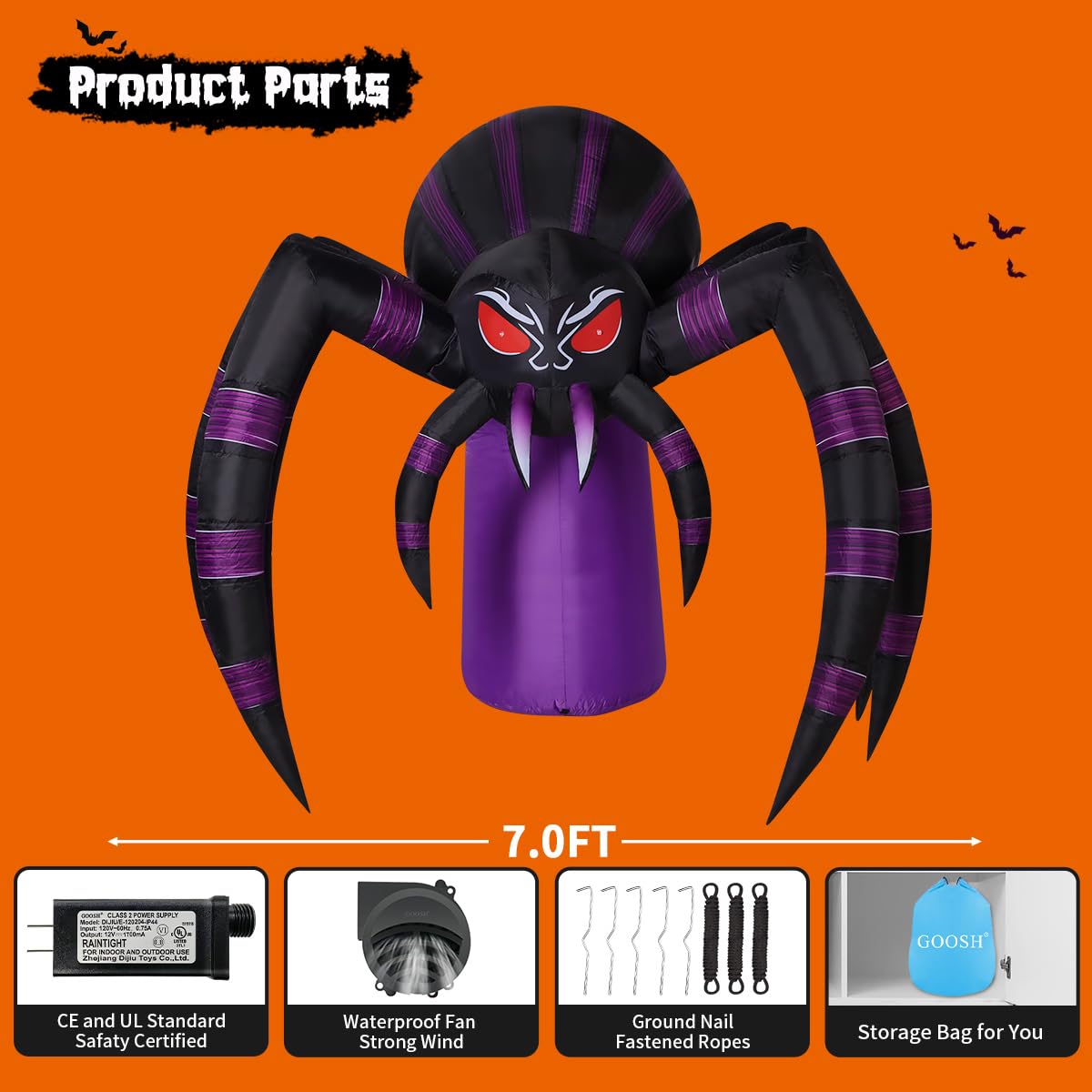 7 FT Inflatable Spider Outdoor Decoration with LED Lights D4964