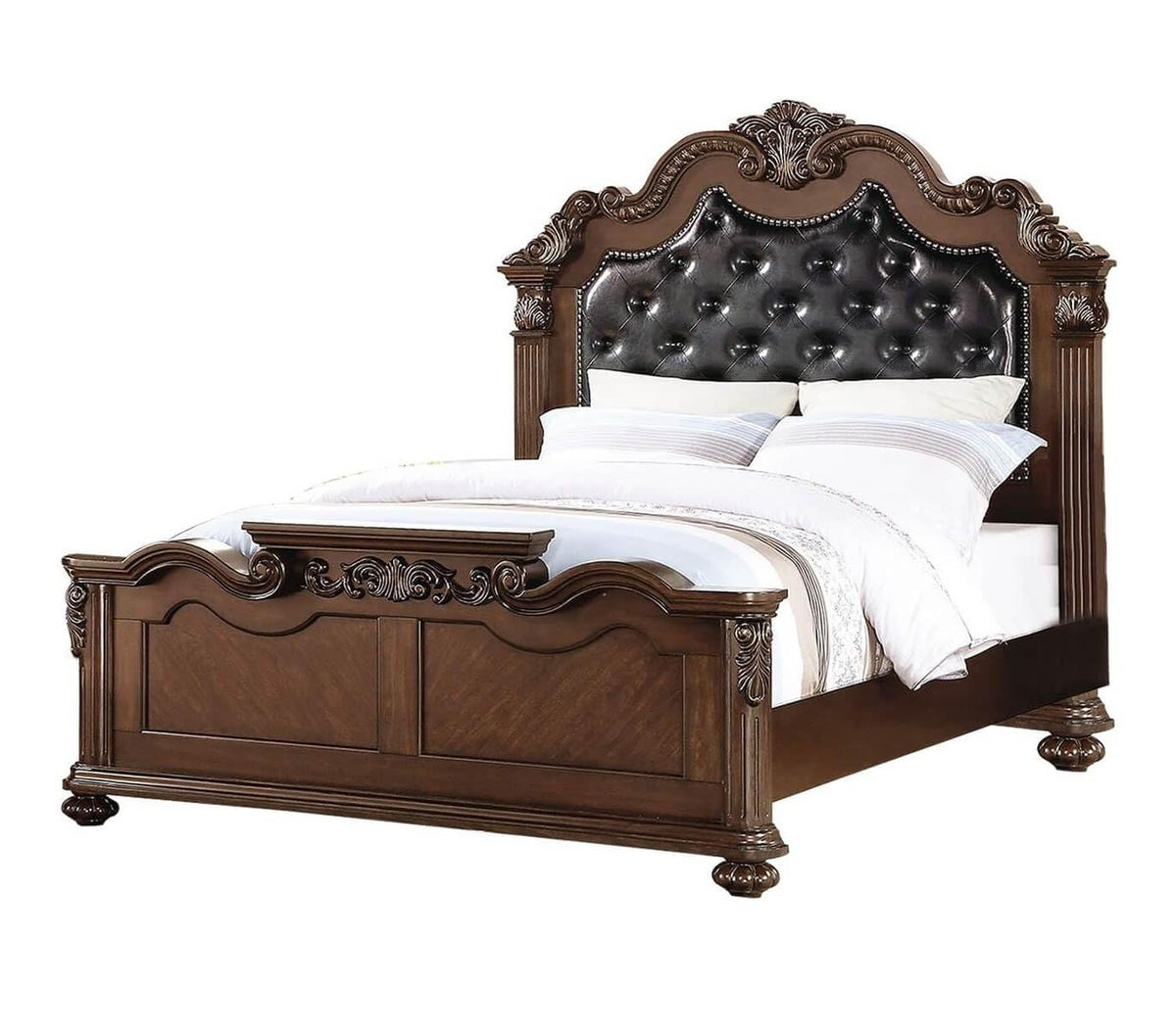 California King Faux Leather Tufted Cherry Wood Sleigh Bed Frame E222