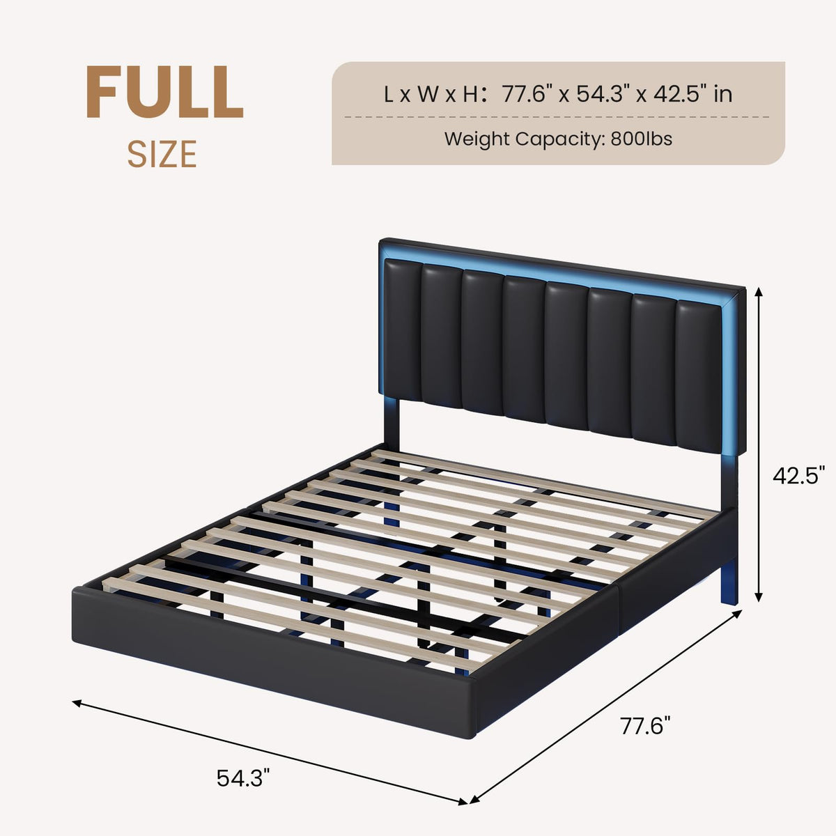 Black Full Size Floating Bed Frame with LED Lights H319787