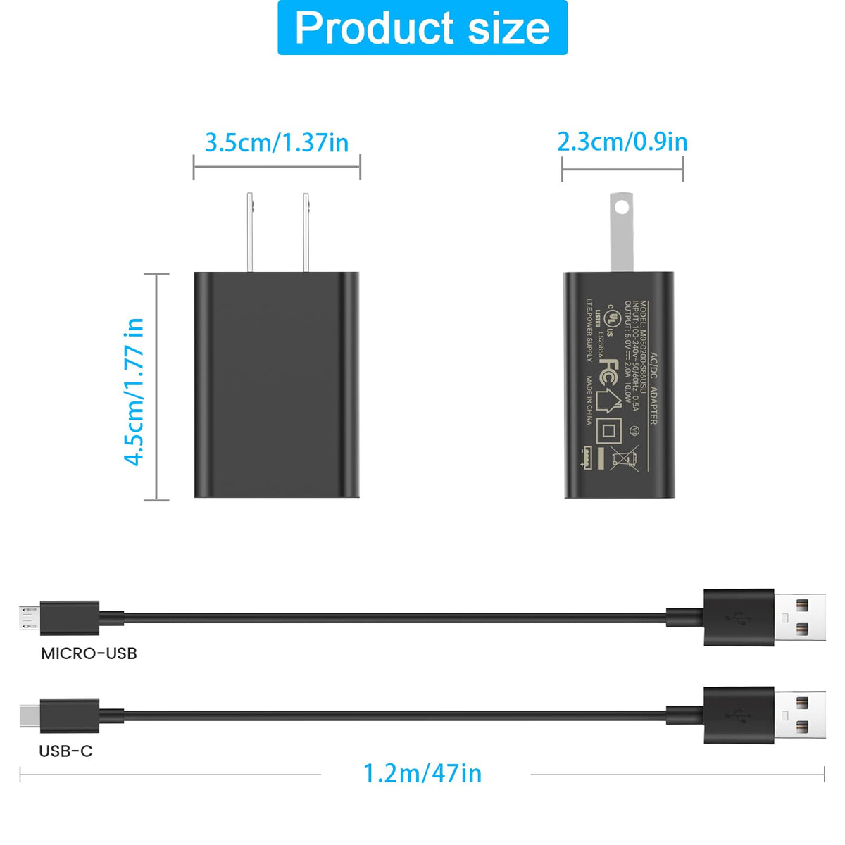 2A Power Adapter with USB Type-C and Micro USB Cables H4572