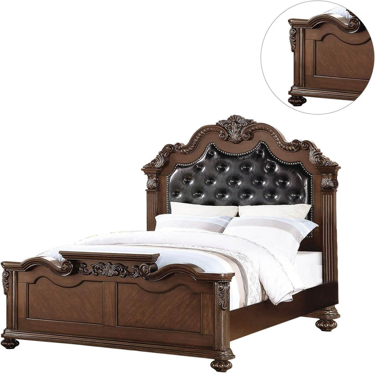 California King Faux Leather Tufted Cherry Wood Sleigh Bed Frame E222