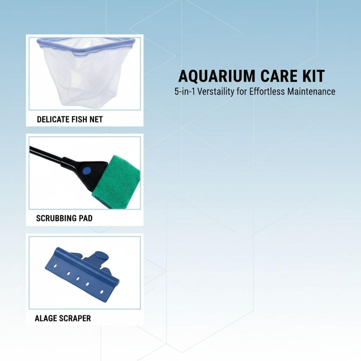 5-in-1 Aquarium Cleaning Kit with Algae Scraper Gravel Rake Fish Net Plant Clamp Brush I168589