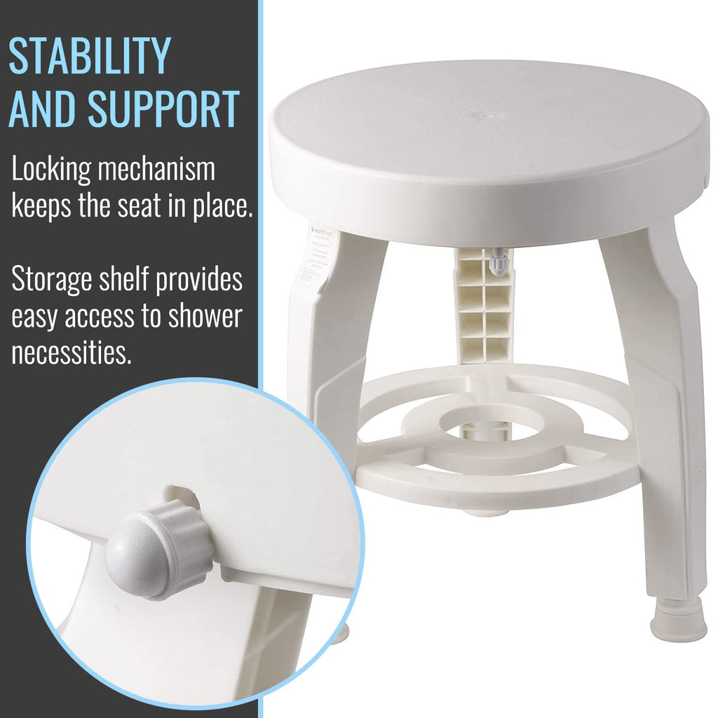 White Swivel Shower Stool Seat with Storage Shelf D582