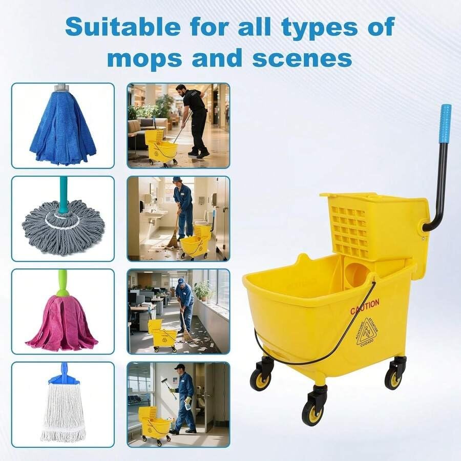 Commercial Mop Bucket with Drain and Wringer 35 Quart Yellow G54592