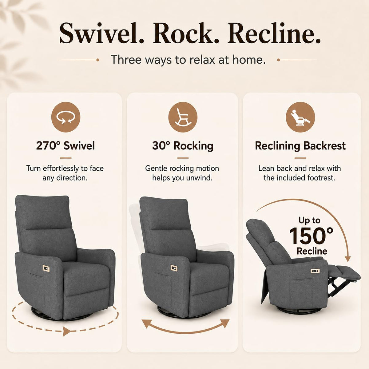 Dark Gray Swivel Rocker Recliner Chair V2008