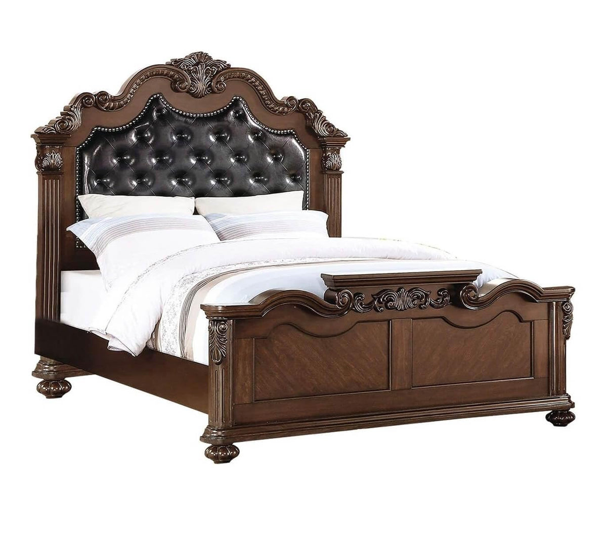 California King Faux Leather Tufted Cherry Wood Sleigh Bed Frame E222