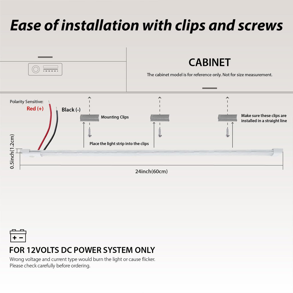 12volt DC LED Under Cabinet Strip Light, Warm White, with Switch, 23.6 inch C3815