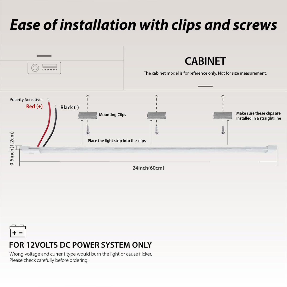 12volt DC LED Under Cabinet Strip Light, Warm White, with Switch, 23.6 inch C3815