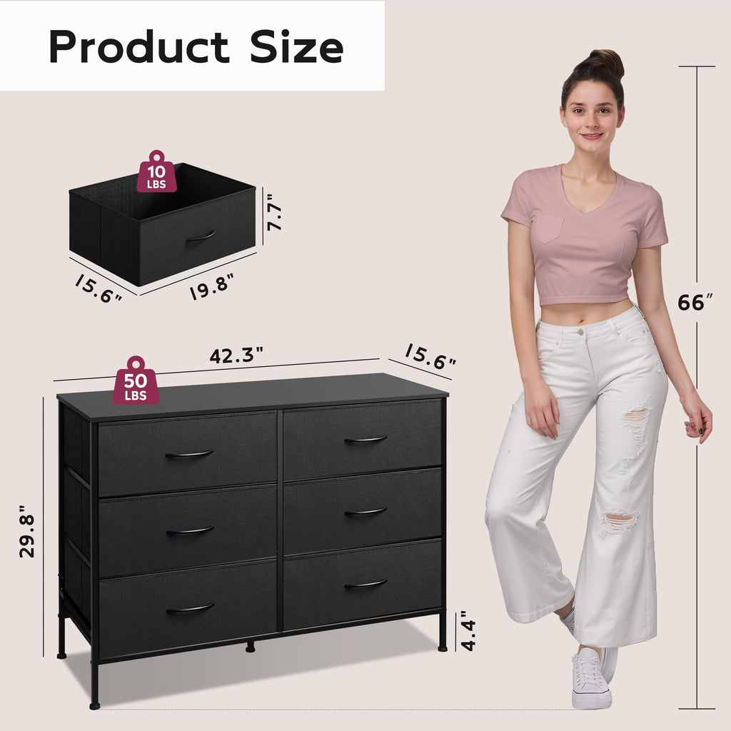 Black 6 Drawer Fabric Dresser F811