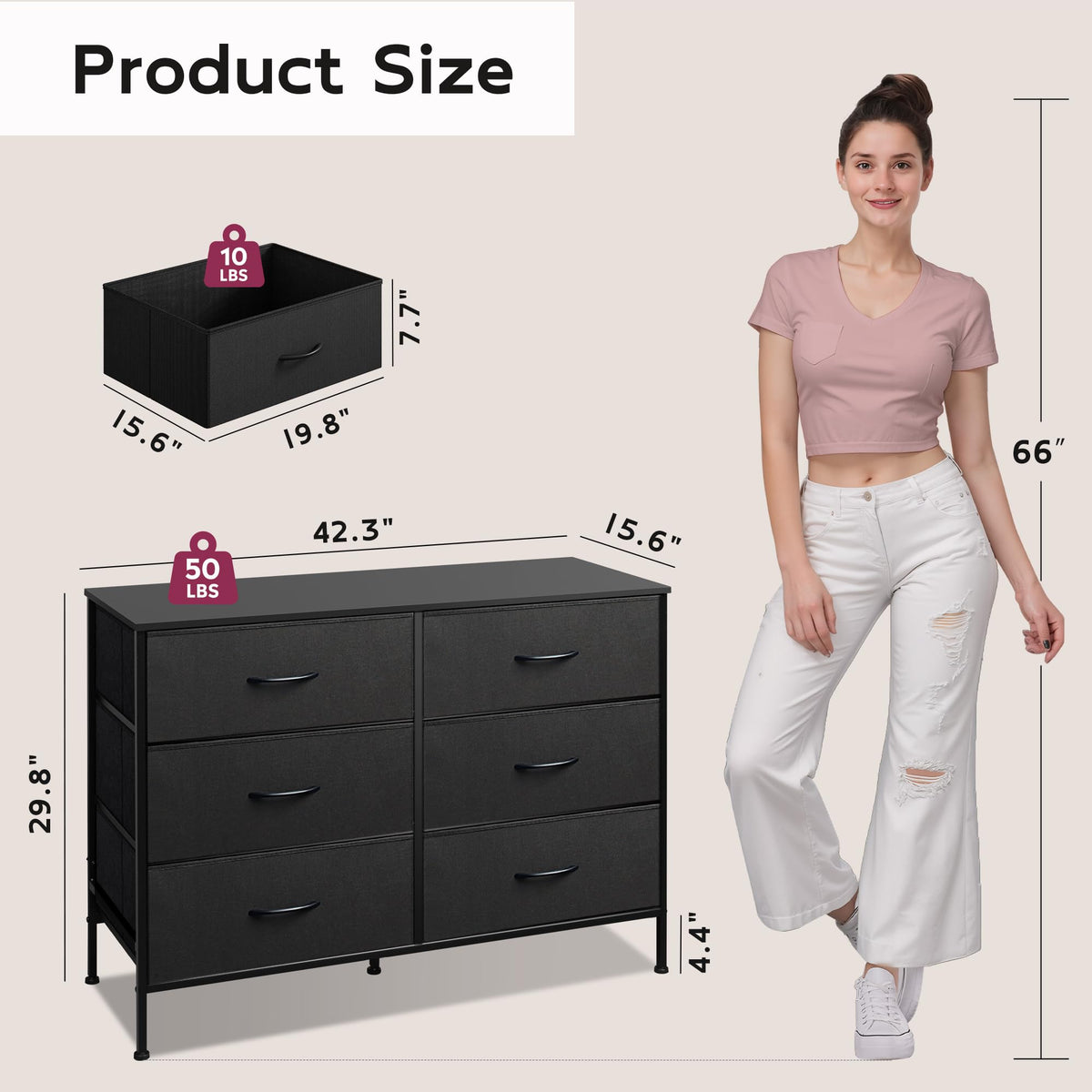 Black 6 Drawer Fabric Dresser F811