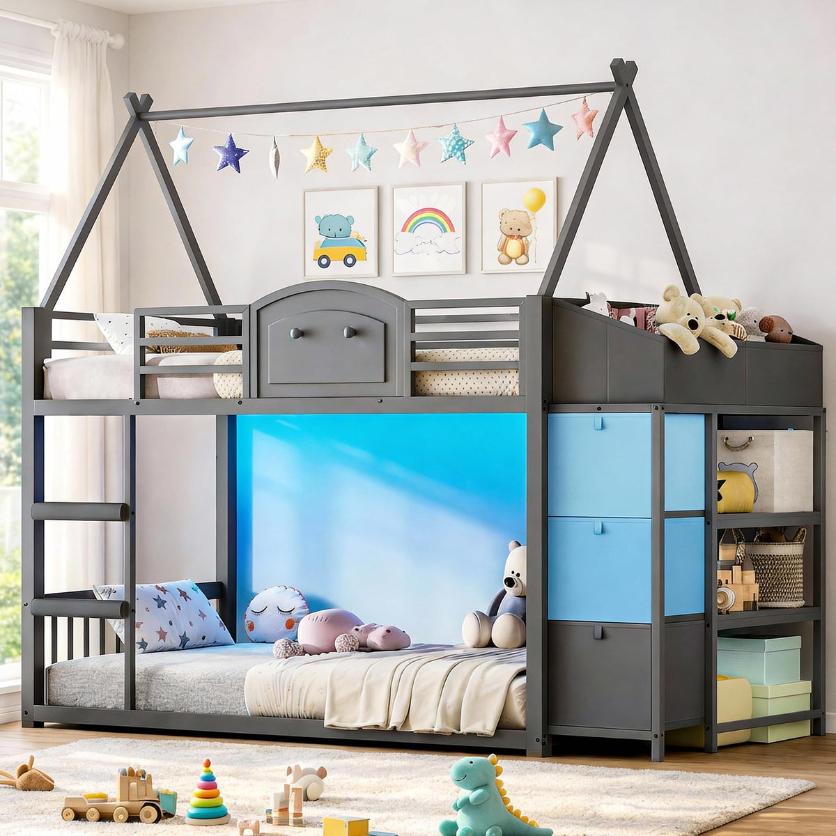 Twin Over Twin Bunk Bed with 3 Storage Drawers and Stairs I159832