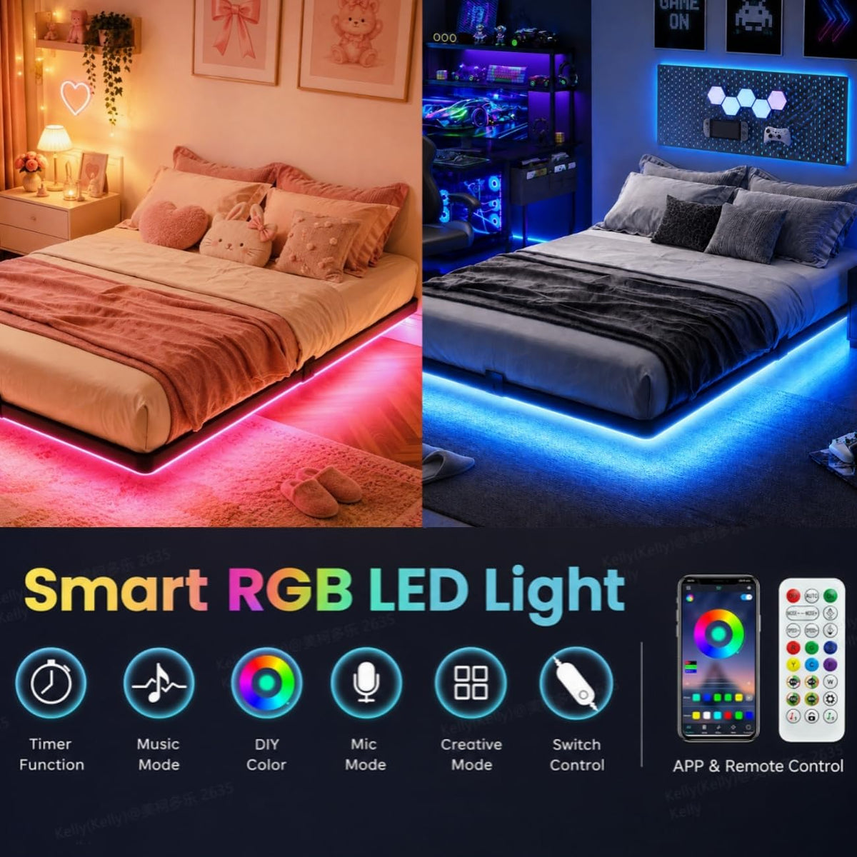 Full Size Floating Bed Frame with LED Lights M199
