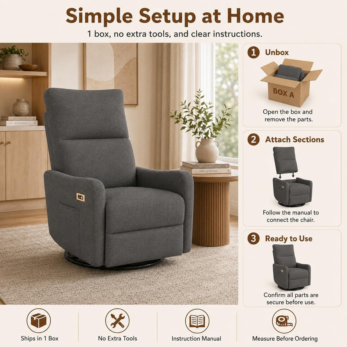 Dark Gray Swivel Rocker Recliner Chair V2008