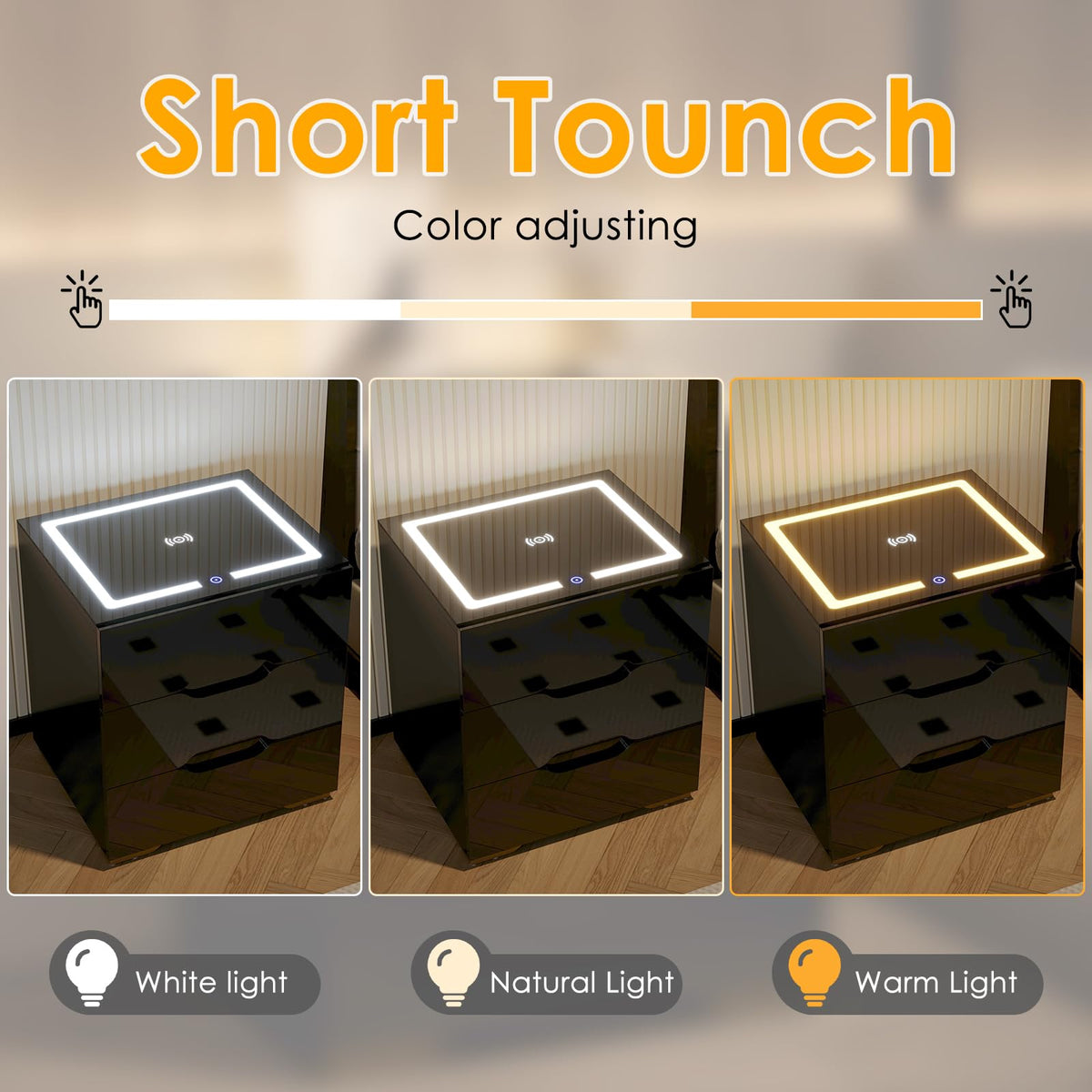 LED Nightstand with Wireless Charging Station 3 Drawers N6012