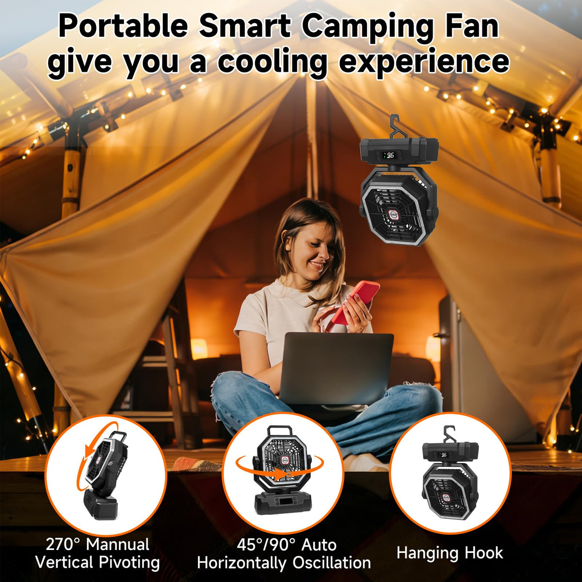 Black 10-Inch 40000mAh Portable Camping Fan K6643