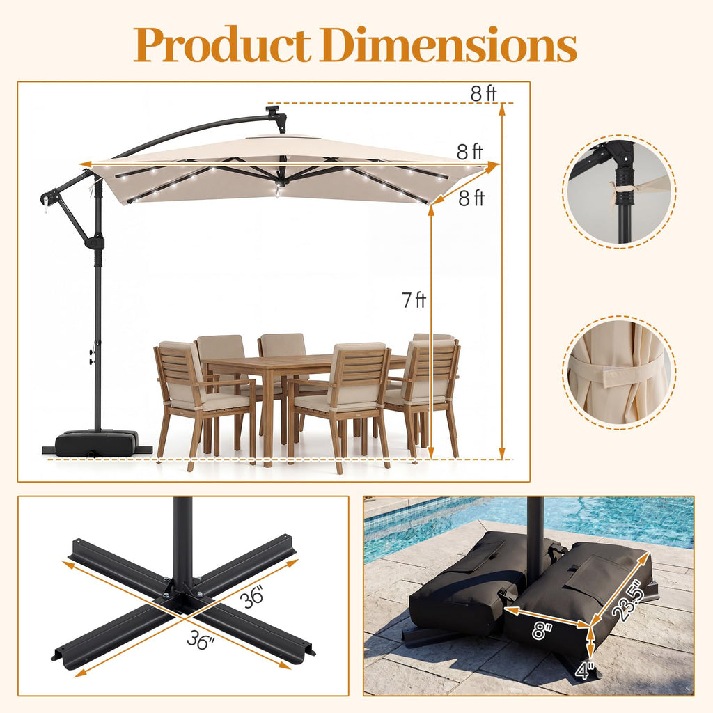8x8 FT Solar Square Offset Cantilever Umbrella with Base O773275