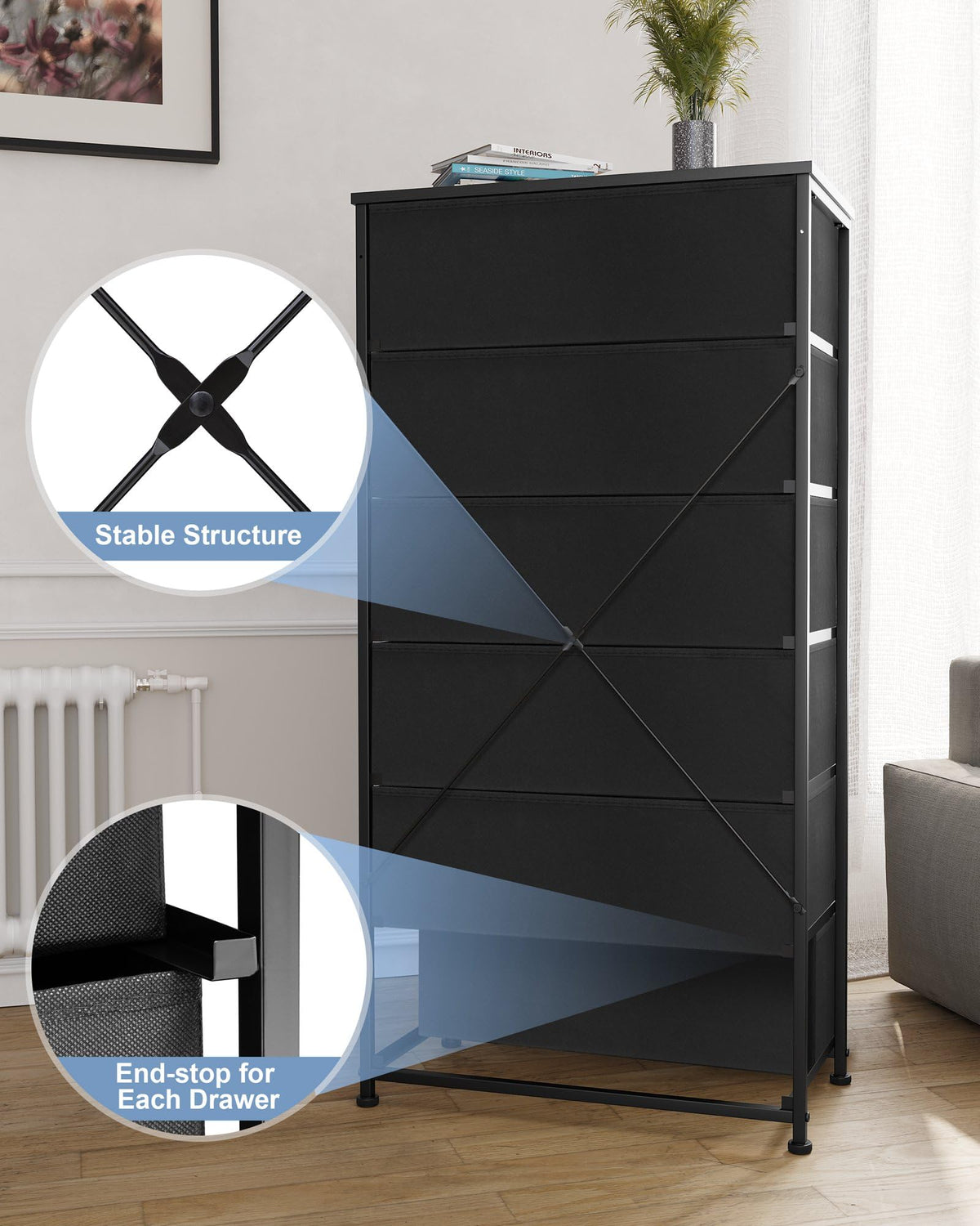 Black 6-Drawer Fabric Dresser S8803