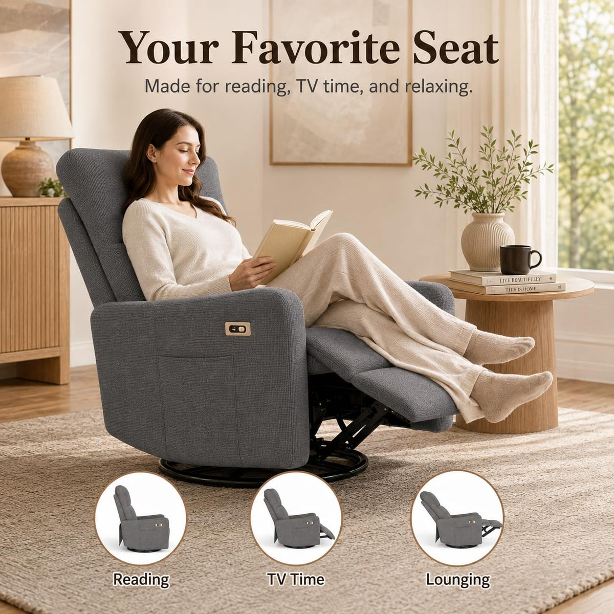 Dark Gray Swivel Rocker Recliner Chair V2008