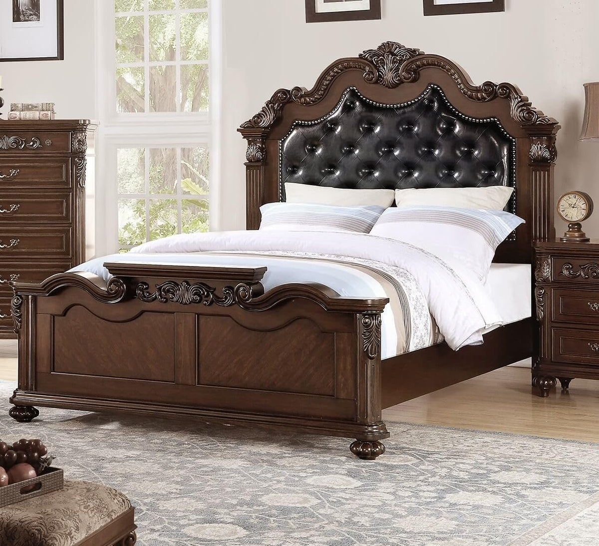 California King Faux Leather Tufted Cherry Wood Sleigh Bed Frame E222