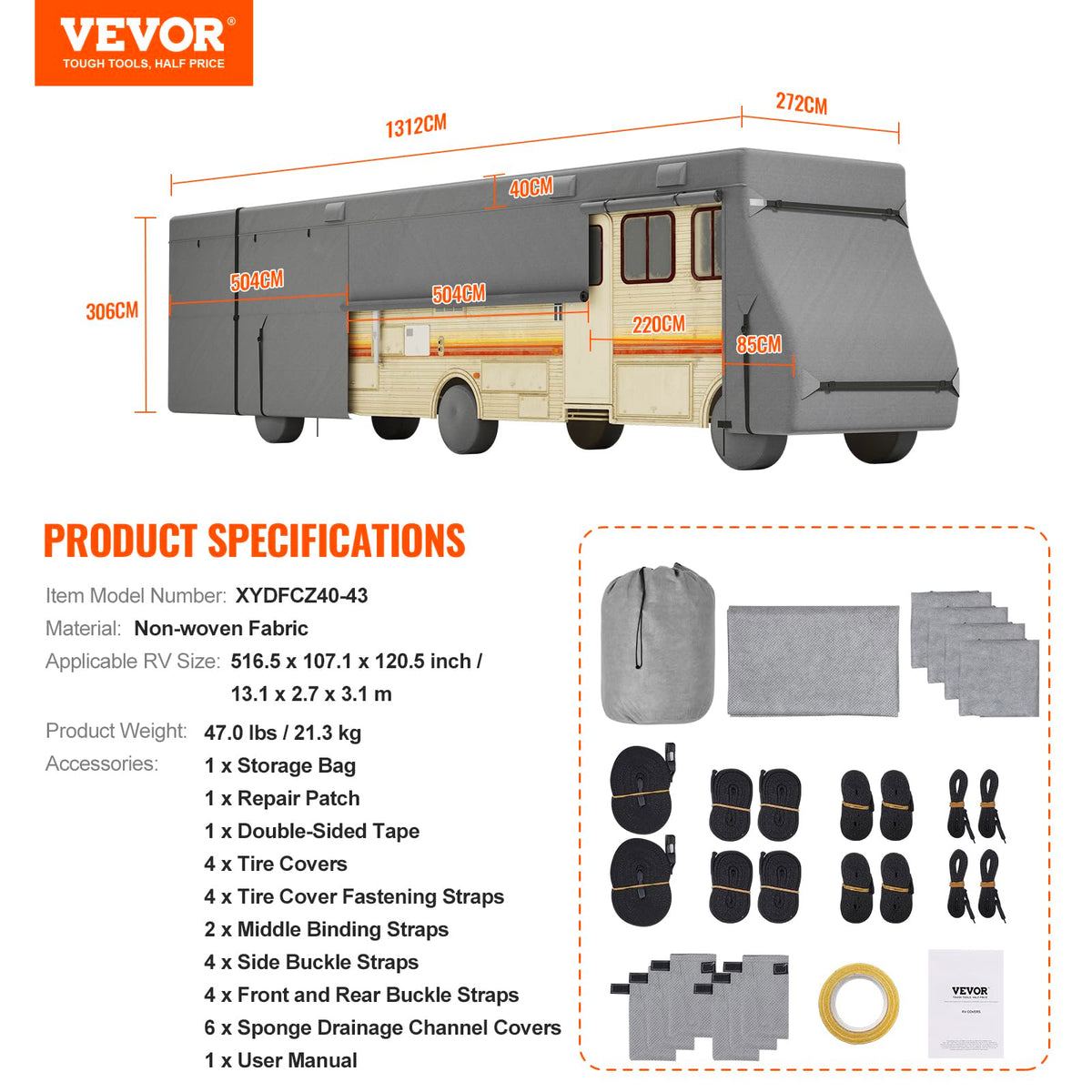 40-43 ft Non-Woven Fabric Waterproof RV Cover with Storage Bag I352