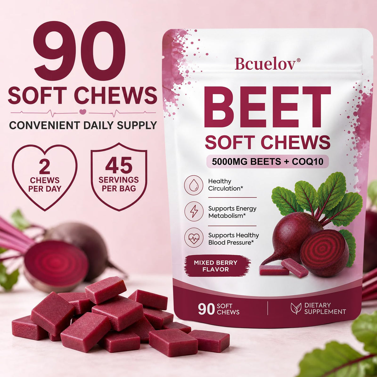 Beet Root Chews with CoQ10, Mixed Berry, 90 Ct C89239