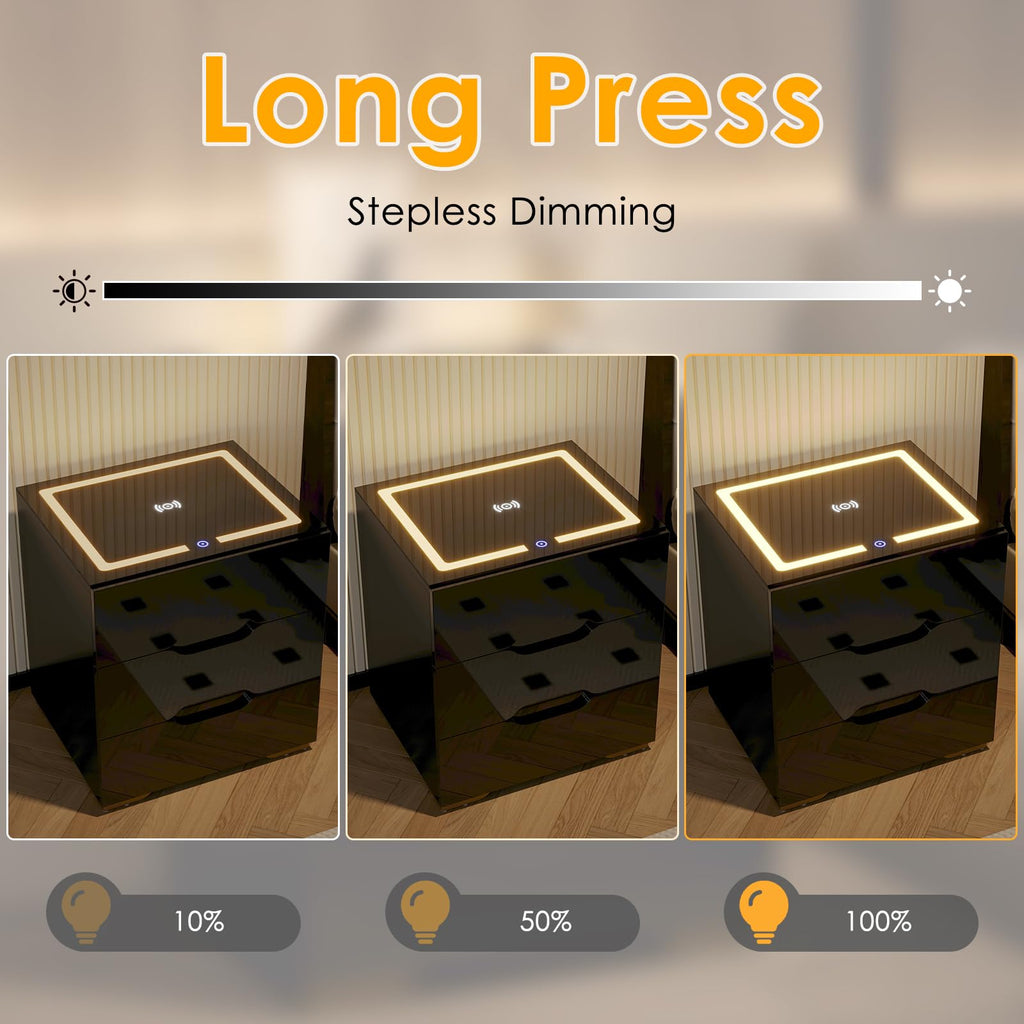 LED Nightstand with Wireless Charging Station 3 Drawers N6012