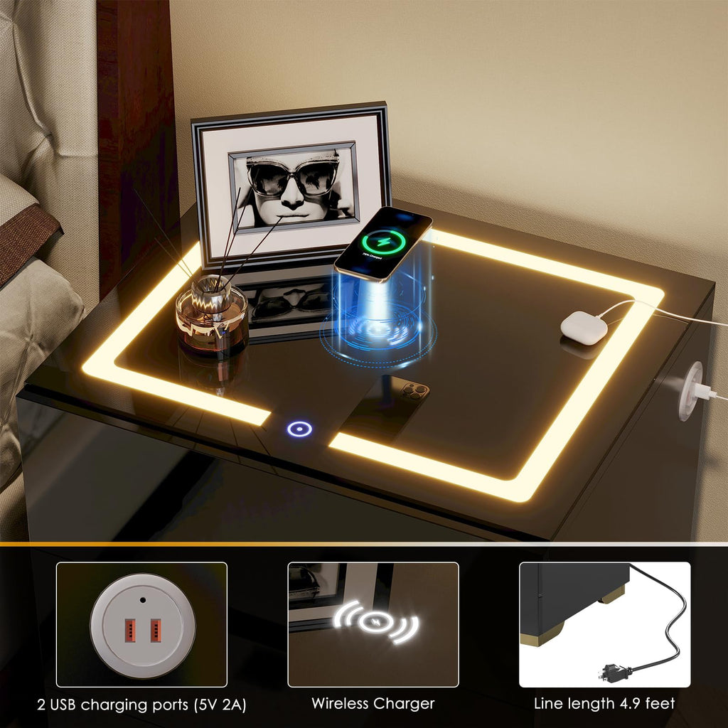 LED Nightstand with Wireless Charging Station 3 Drawers N6012
