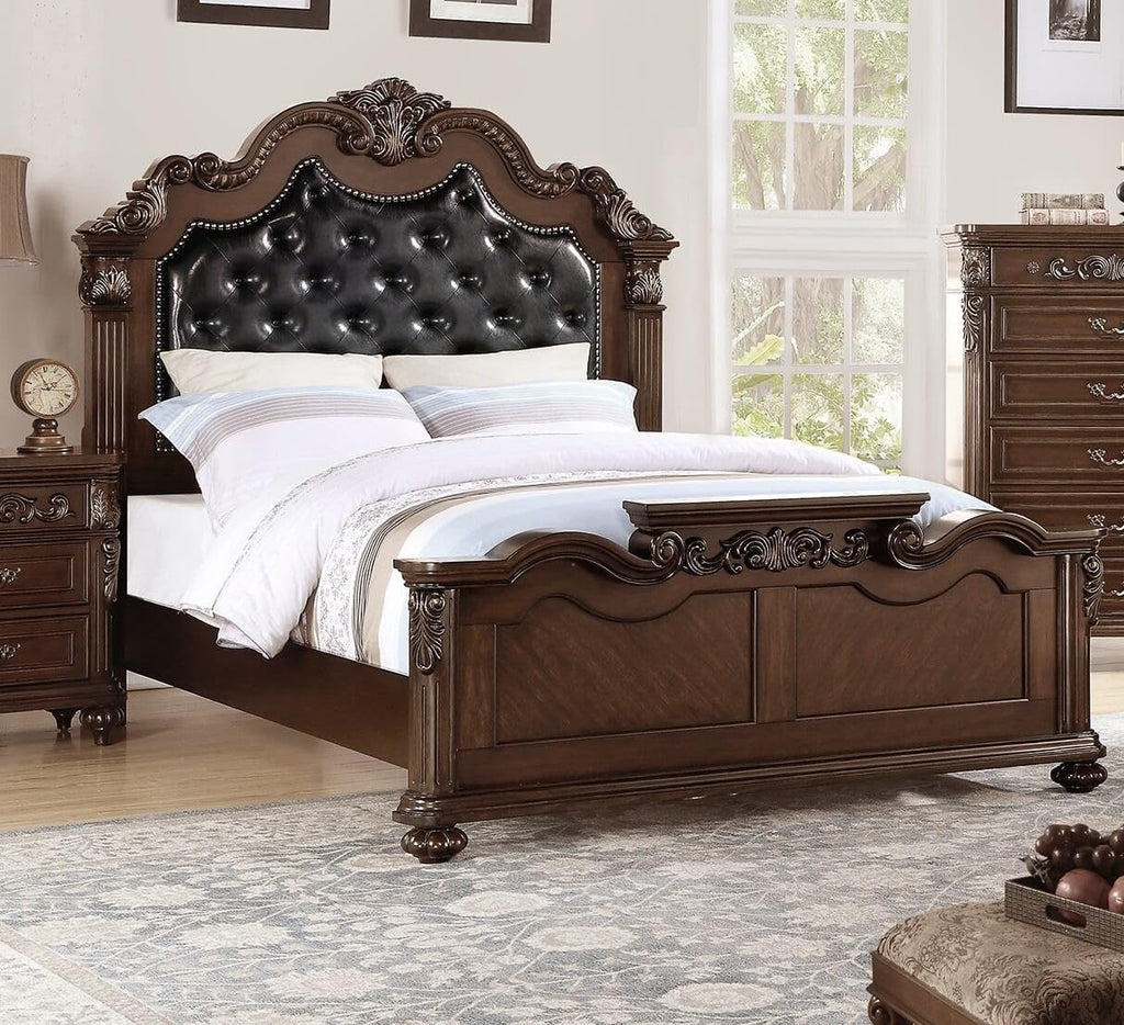 California King Faux Leather Tufted Cherry Wood Sleigh Bed Frame E222