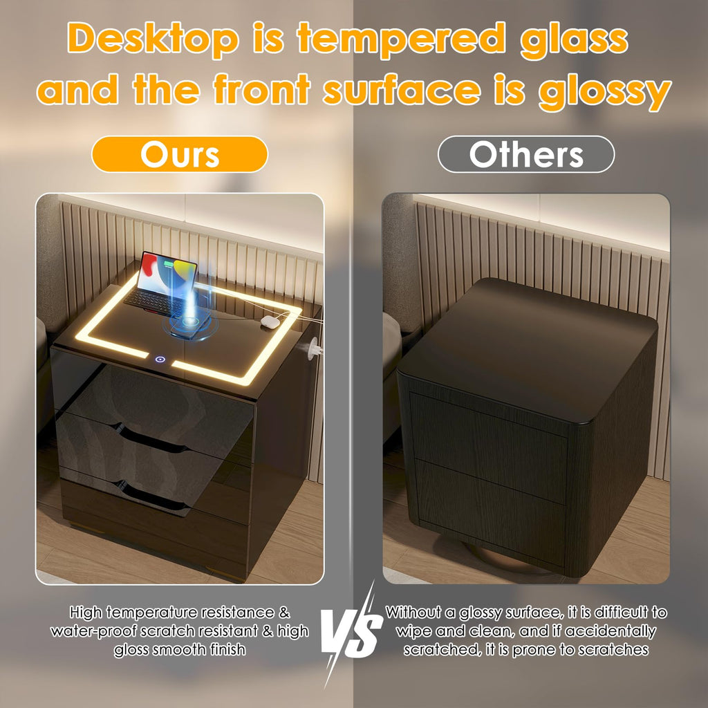 LED Nightstand with Wireless Charging Station 3 Drawers N6012
