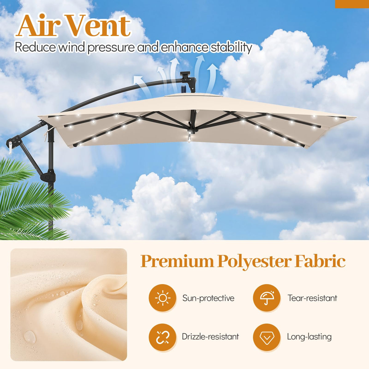 8x8 FT Solar Square Offset Cantilever Umbrella with Base O773275