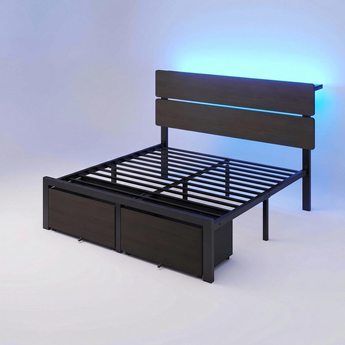 Queen Led Bed Frame with 2 Storage Drawers and Charging Station, Black E116278