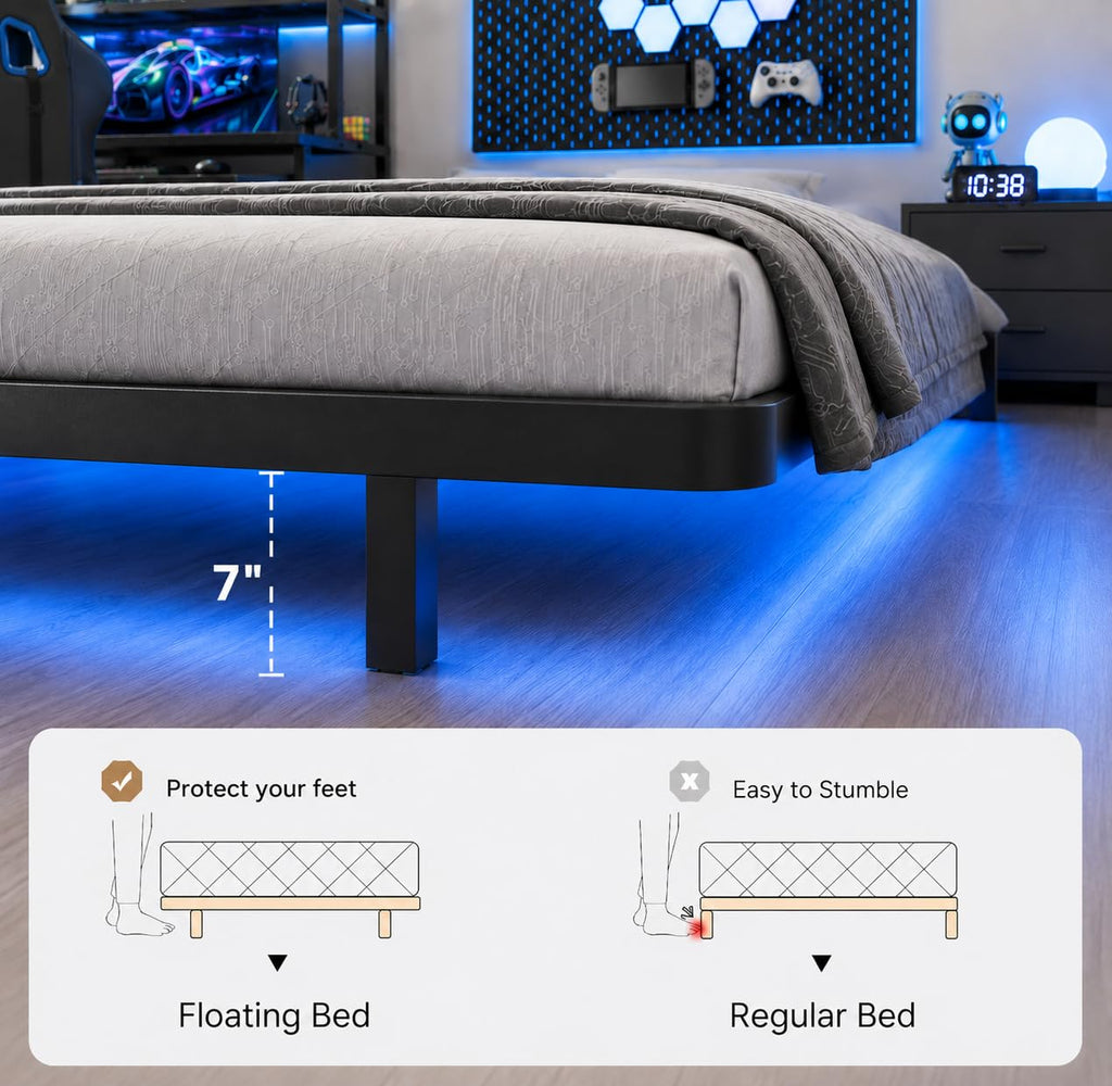 Full Size Floating Bed Frame with LED Lights M199