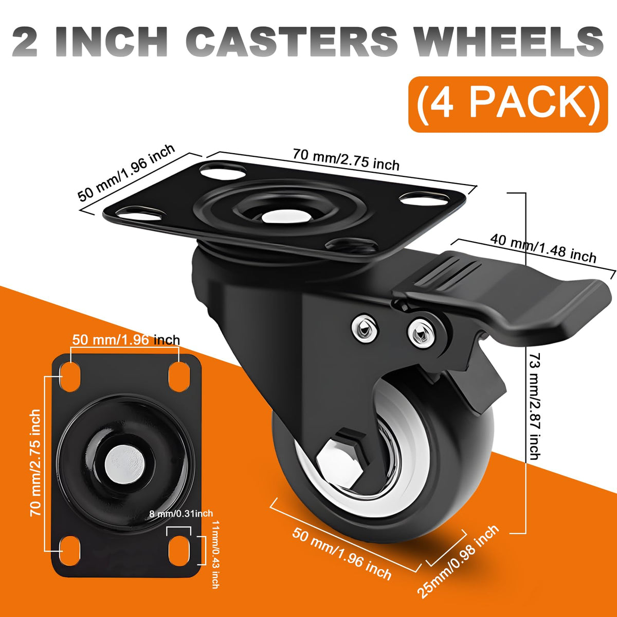 2 Inch Caster Wheel Set of 4 with Dual Brake V7651
