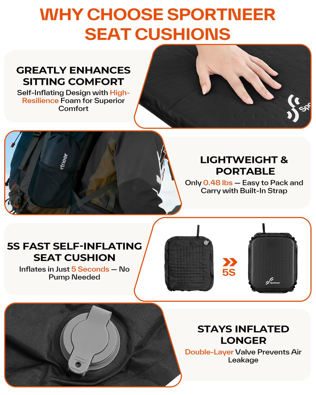 Inflatable Self-Inflating 2" High Rebound Foam Seat Cushion, 2 Pack X213587