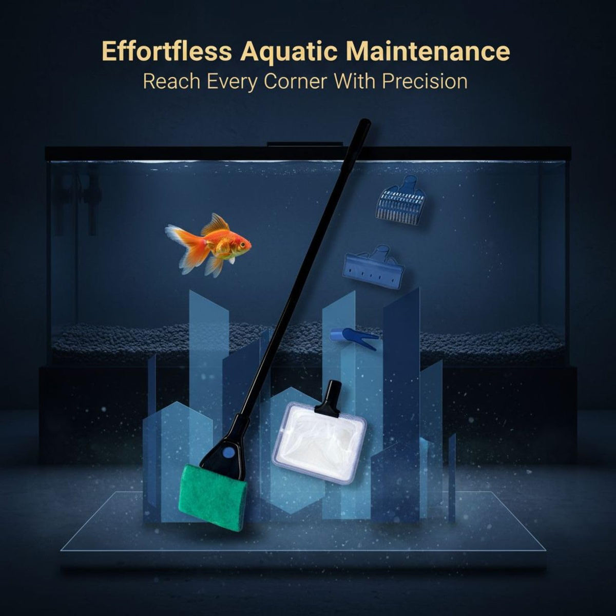 5-in-1 Aquarium Cleaning Kit with Algae Scraper Gravel Rake Fish Net Plant Clamp Brush I168589