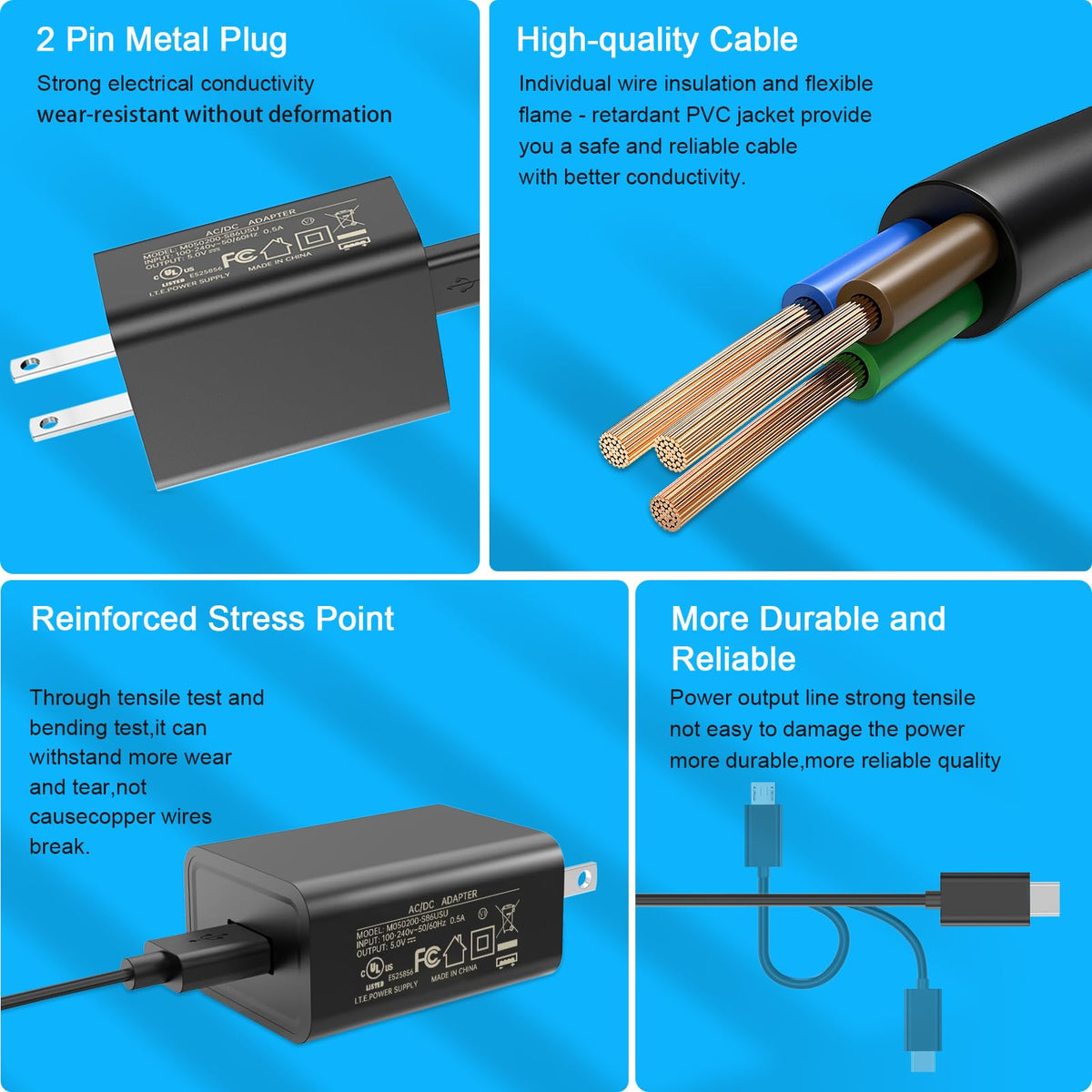 2A Power Adapter with USB Type-C and Micro USB Cables H4572