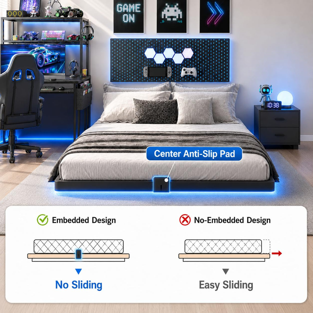Full Size Floating Bed Frame with LED Lights M199