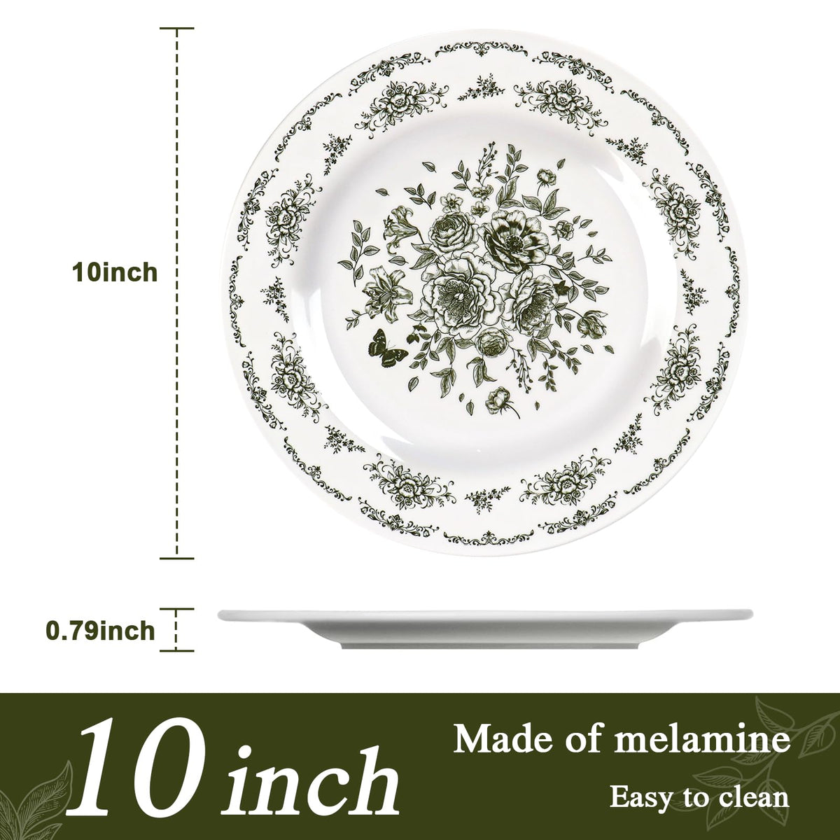 12 Piece 10 inch Green and White Floral Melamine Dinner Plates F9721