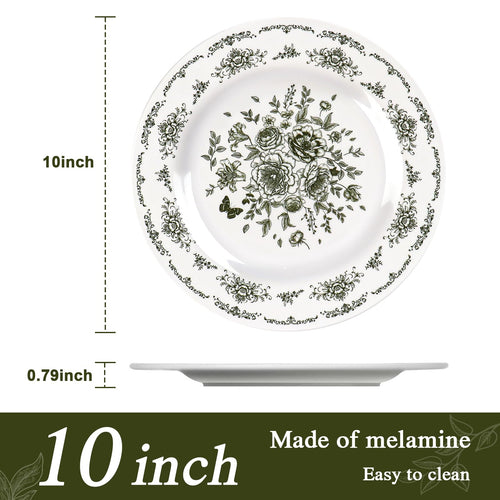 12 Piece 10 inch Green and White Floral Melamine Dinner Plates F9721