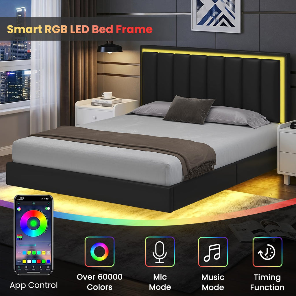 Black Full Size Floating Bed Frame with LED Lights H319787