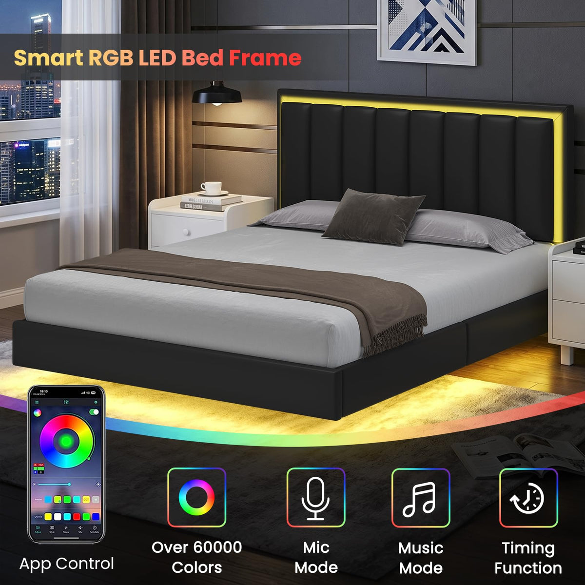 Black Full Size Floating Bed Frame with LED Lights H319787
