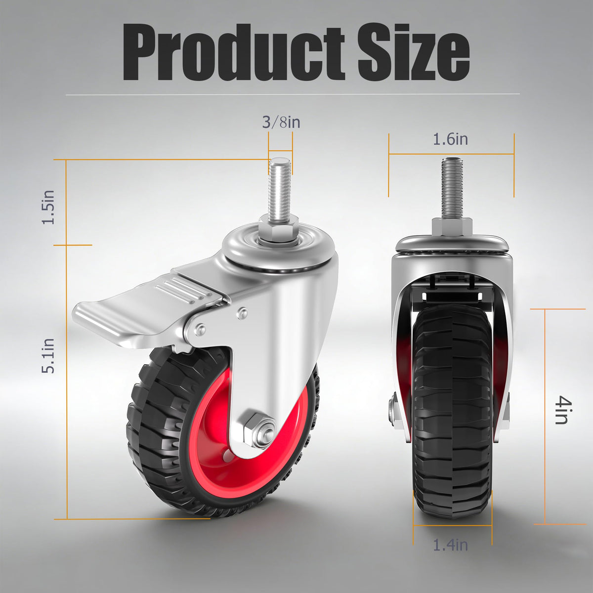 4 inch Threaded Stem Casters Wheels 3/8", Set of 4 Heavy Duty R26574