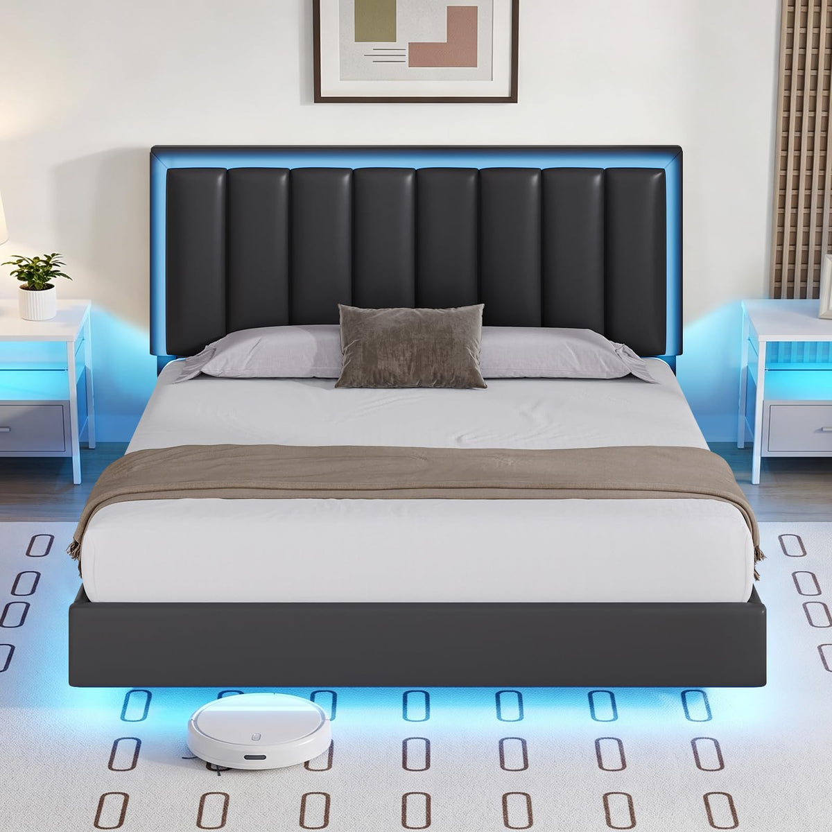 Black Full Size Floating Bed Frame with LED Lights H319787