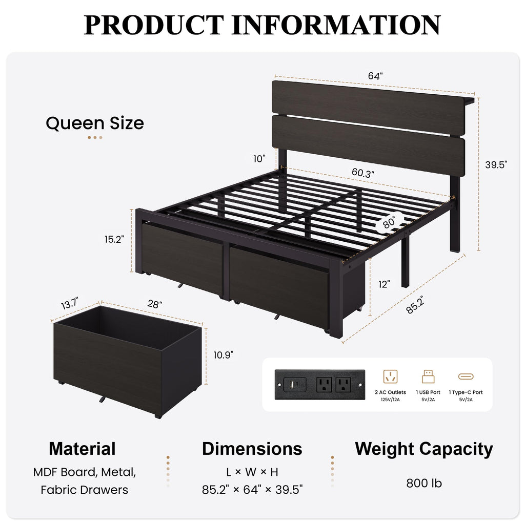Queen Led Bed Frame with 2 Storage Drawers and Charging Station, Black E116278