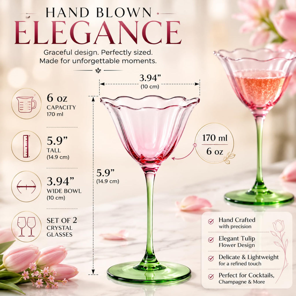 Pink Tulip Flower Cocktail Glasses 2 Set E166771