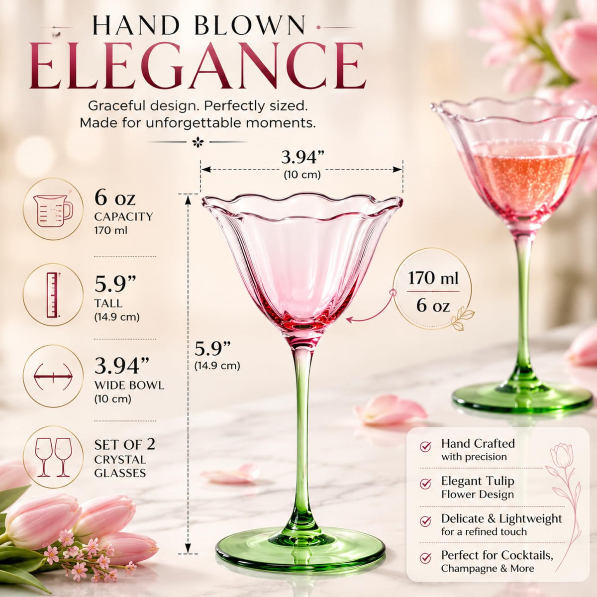 Pink Tulip Flower Cocktail Glasses 2 Set E166771